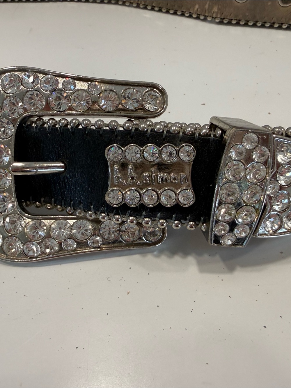 B.B. Simon Black Leather Belt with Swarovski Crystal Embellishments